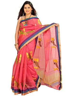 Desert-Rose Chanderi Sari with Woven Sparrows and Striped Border