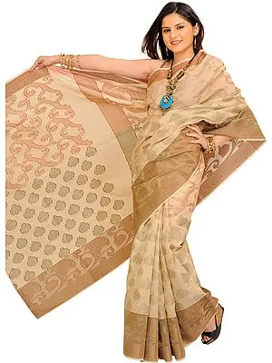 Alabaster-Gleam Banarasi Sari with Woven Motifs and Wide Border