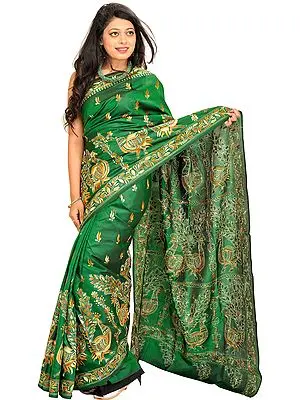 Verdant-Geen Sari from Kolkata with Kantha Hand-Embroidered Peacocks
