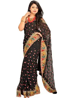 Jet-Black Wedding Sari with Floral Patch Border and Embroidered Bootis All-Over