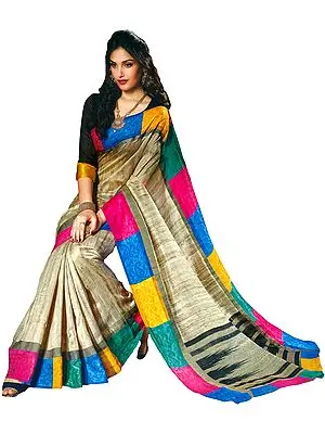 Smoke-Gray Venkatagiri-Silk Sari with Multicolored Self-Weave Border