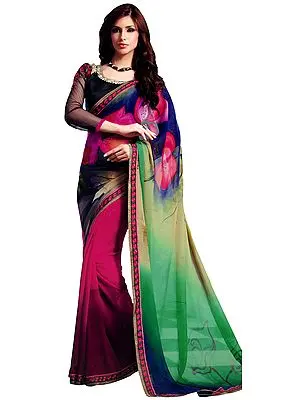 Multicolor Floral Printed Sari with Embroidered Flowers Patch Border