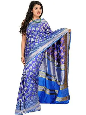 Imperial-Blue Handloom Sari from Banaras with Woven Paisleys All-Over