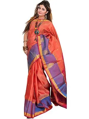 Apricot-Brandy Kanjivaram Saree from Bangalore with Wide Temple Border