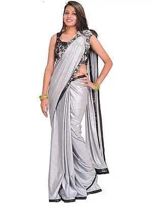 Silver and Black Wedding Sari with Sequined Patch Border and Bead-work