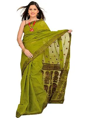 Spinach-Green Tangail Sari from Bengal with Woven Bootis and Paisleys on Aanchal
