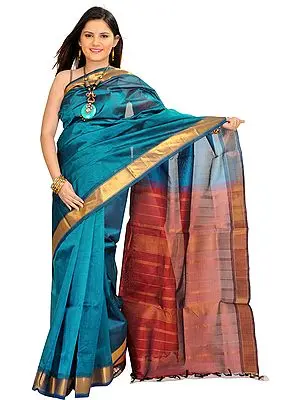 Celestial-Blue and Maroon Solid Sari from Chennai with Golden Border and Zari Weave on Aanchal