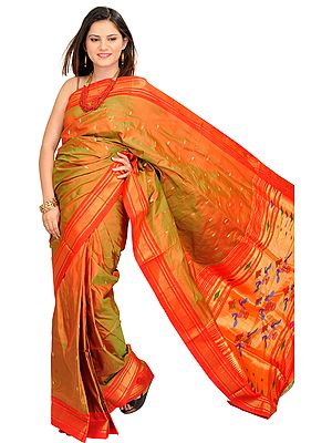 Bronze-Mist and Red Paithani Sari with Zari Bootis and Hand-Woven Peacocks on Aanchal