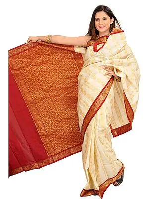 Cream and Maroon Sari from Bangalore with Zari Weave and Lotuses on Aanchal