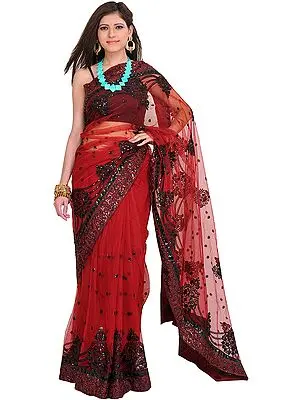 Rosewood Embroidered Wedding Sari with Patch Border and Sequins All-Over