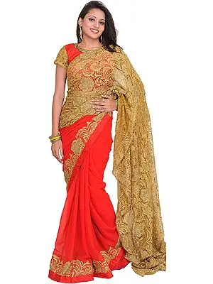 Flame Scarlet and Golden Wedding Prada Palla Sari with Crystals