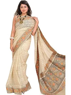 Ivory Self-Weave Net Sari from Banaras with Hand-woven Flowers