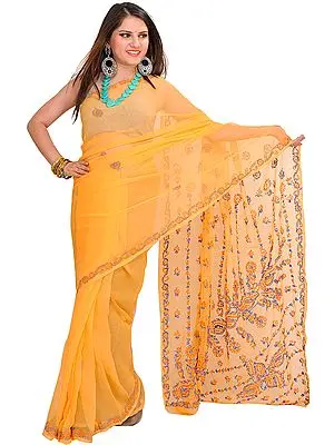 Mock-Orange Sari from Lucknow with Chikan-Embroidery by Hand