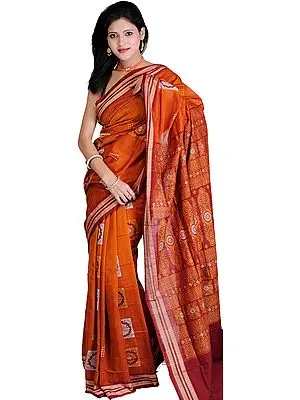 Burnt-Orange and Maroon Bomkai Sari from Orissa with Woven Rudraksha Border and Floral Motifs