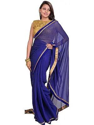 Blue and Golden Wedding Plain Sari with Designer Crochet Blouse