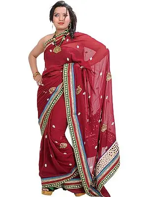 Beet-Red Wedding Sari with Zardozi Patches and Stone-work