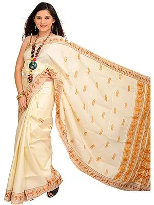 Cream Baluchari Sari from Kolkata Depicting Hindu Mythological Episodes