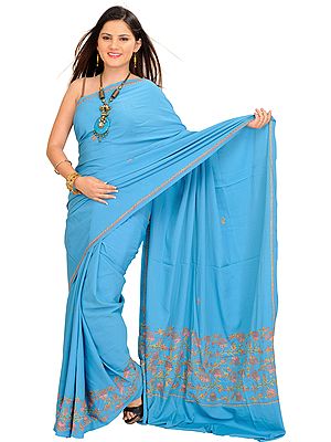 River-Blue Sari from Kashmir with Sozni Hand-Embroidery on Border