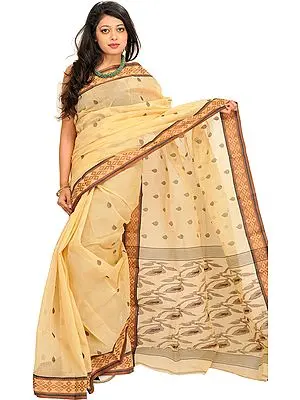 Italian-Straw Sari from Bengal with Woven Border and Bootis All-Over