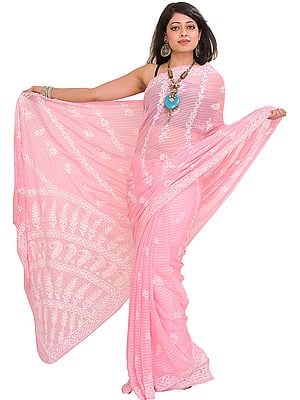 Candy-Pink Chikan Hand-Embroidered Sari from Lucknow with Woven Stripes