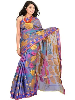 Violet-Storm Banarasi Sari with Zari-Woven Lotuses and Paisleys