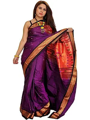 Imperial-Purple and Golden Paithani Sari with Hand-Woven Peacocks on Aanchal