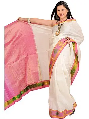 White and Pink Self-Weave Sari from Bangalore with Zari Woven Flowers on Border and Paisleys Aanchal
