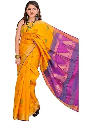 Yellow and Purple Pure Silk Sari from Banaras with Woven Leaves