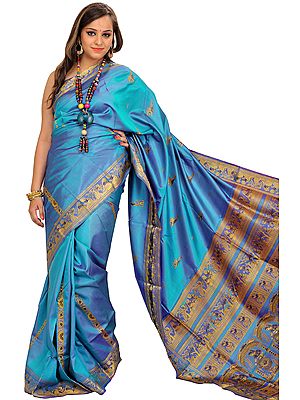 Seaport-Blue Baluchari Sari from Kolkata Depicting Hindu Mythological Episodes
