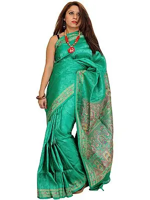Simply-Green Self Weave Silk Sari from Banaras with Woven Motifs on Aanchal