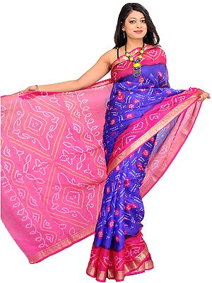 Blue and Pink Bandhani Tie-Dye Sari from Jodhpur with Brocade Border