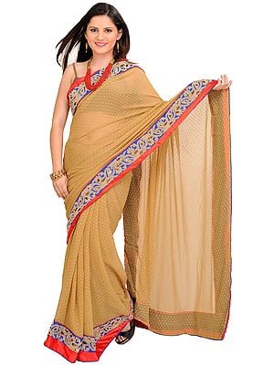 Warm-Sand Wedding Shimmer Saree with Woven Bootis and Embroidered Patch Border