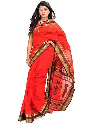 Tomato-Red Sari from Bengal with Zari Floral Border and Bootis