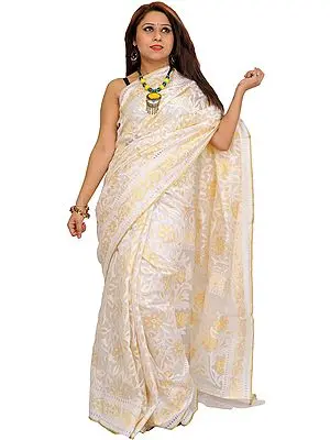 Ivory Self-Weave Net Sari from Banaras with Zari-Woven Flowers