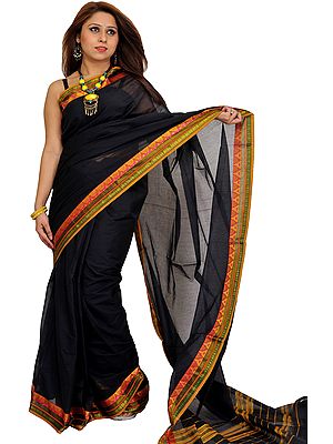 Jet-Black Plain South Cotton Sari from Bangalore with Woven Border and Aanchal