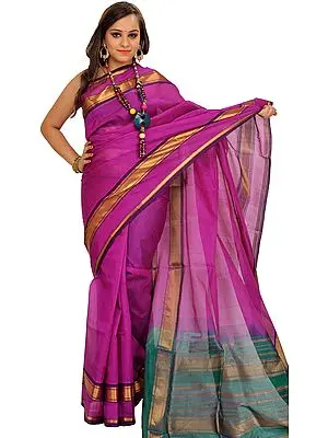 Hyacinth-Violet and Green Solid Sari from Chennai with Zari Weave on Border and Aanchal