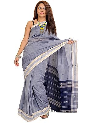 Gray and Dark Blue South Cotton Sari from Bangalore with Woven Border and Striped Aanchal