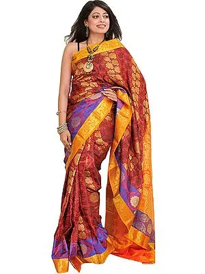 Red and Marigold Self-Weave Sari from Bangalore with Zari Woven Flowers and Paisleys on Aanchal