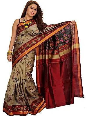 Plaza-Taupe and Maroon Handloom Patola Sari from Patan with Paisleys on Border