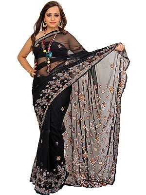 Jet-Black Sari from Lucknow with Chikan Hand-Embroidered Flowers