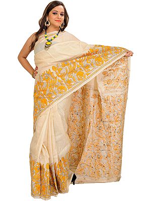 Almond-Oil Sari from Kolkata with Kantha Hand-Embroidered Sunflowers