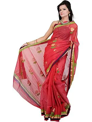 Claret-Red Chanderi Sari with Zari-Woven Flowers and Striped Border