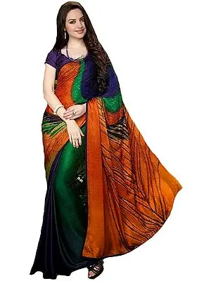Multicolor Sari with Self-Weave and Printed Peacock Feathers