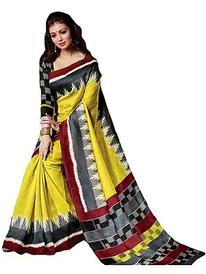 Maize-Yellow Silk Sari with Ikat Print