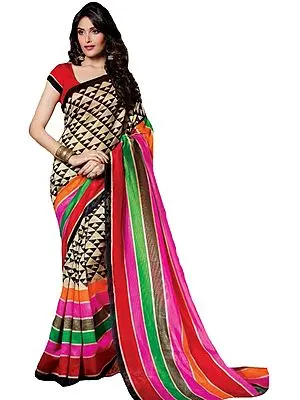 Multicolor Silk Sari with Geometric Print and Stripes