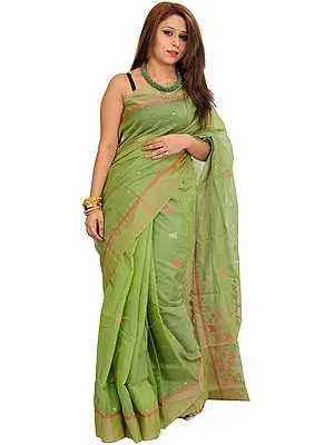 Tendril-Green Chanderi Sari with Woven Bootis
