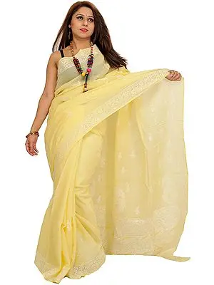 French-Vanilla Chikan Hand-Embroidered Sari from Lucknow