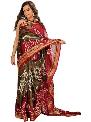 Dark-Olive and Maroon Bandhani Tie-Dye Sari from Jodhpur with Brocade Border