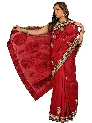 Earth-Red Wedding Sari from Banaras with Embroidered Paisleys Patches