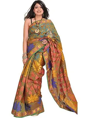 Capulet-Olive Sari from Banaras with Zari-Woven Lotuses and Paisleys on Aanchal